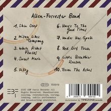 Musik-Liste: Allen-Forrester Band, Titel 1-10. Umschlag-Design mit braunen und blauen Rändern.