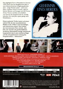 „GEHEIMNIS EINES MORDES“. Eine Handlung auf einer Farm in Neuseeland. Logos: „Dolby Audio“, „AL!VE“, „PIDAX“.