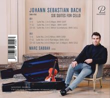 "JOHANN SEBASTIAN BACH SIX SUITES FOR CELLO", "MARC SABBAH viola". Ein Mann sitzt neben einem offenen Violinkasten.