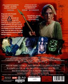 Texte: „Sexy, packend und gnadenlos...“, „erinnert an...“, „ein teuflischer, sexy...“, „Austin Chronicle“. Eine Frau mit blutverschmiertem Gesicht und mehrere kleine Szenenbilder in einer spannungsgeladenen Farbpalette.