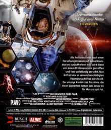 "Atemberaubender Sci-Fi-Survival-Thriller." Astronaut in Raumanzug schaut aus einem Raumschiff, Erde und Weltraummotive im Hintergrund.