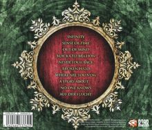 Liste von Liedtiteln in einem goldenen, verzierten Rahmen auf rotem Hintergrund, umgeben von grünem Hintergrundmuster.