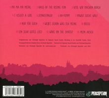 Liste von 13 Liedtiteln auf pinkem Hintergrund mit einer Skyline am unteren Rand und einem "PERCEPTION" Logo.