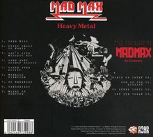 "Mad Max Heavy Metal" steht oben, darunter eine Trackliste. Rechts der Text "Mad Max In Concert". Illustration mit Gesicht.