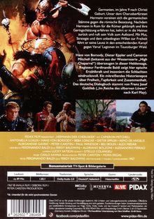 DVD-Cover zu „Hermann der Cherusker“. Oben Kampfszene, darunter Filmbeschreibung und Filminfos. Unten drei Filmszenen.