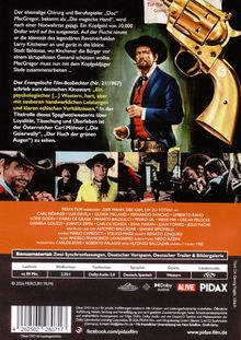 Text über einen Kinostart: "Ein psychologischer [...] Western, hart, aber mit sauberen handwerklichen Leistungen..."  
Illustration: Ein Cowboy mit Hut und Zigarette neben einem Revolver.