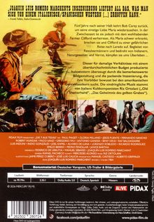 Zitat Frank Faltin, Italo-Cinema.de. Zwei bewaffnete Männer in Westernkleidung stehen in einer Landschaft. Darunter Szenenbilder.