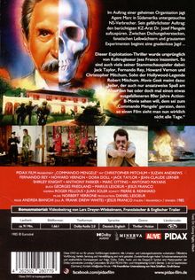 "Commando Mengele", Thriller mit Christopher Mitchum. Bild: Gesicht halb Mensch, halb Totenkopf, Soldaten vor Villa, Explosion.
