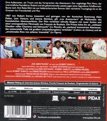 Texts in white on black and red backgrounds. Mentions adventurous characters and film details. Includes four movie stills.