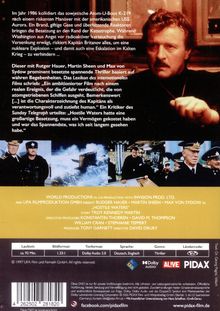 Texte beschreiben einen Thriller über ein sowjetisches U-Boot. Oben ein Bild eines Mannes in Marineuniform. Unten kleine Szenenfotos.