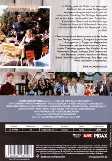 Texte über eine Serie in Dürling mit Musik, Widerstand der Dorfkapelle und Schauspielernamen. Vier Fotos von Szenen.