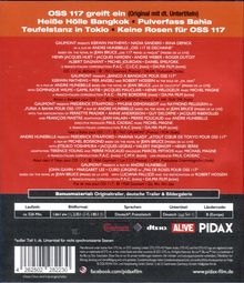Texte: "OSS 117 greift ein", "Heiße Hölle Bangkok", "Pulverfass Bahia", "Teufelstanz in Tokio", "Keine Rosen für OSS 117", "Bonumaterial", "Laufzeit", "Bildformat", "Sprachen". 

Es handelt sich um eine DVD-Rückseite mit Film- und Produktionsinformationen.