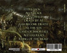 "Treason, Aeonblack, What Dwells, Death by AI, I Am Become Death, As the Sun, Land of Immortals, All Has Read, Rising of the Beast." Üppige, düstere Landschaft mit Skelett und Kreuzen.