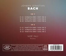 "JOHANN SEBASTIAN BACH", "CD 1", "CD 2", "NOÉ INUI Violine", "Sonata BWV", "Partita BWV"; Hintergrund in Rot-Braun.