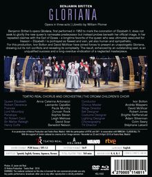 Text: Benjamin Britten's Gloriana, Opera in three acts, Libretto by William Plomer. Darunter ist eine Szene aus der Oper.
