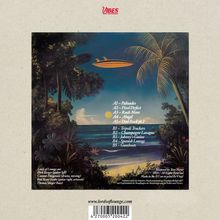 A1 - Palisades  
A2 - Pixel Perfect  
A3 - Rush More  
A4 - Abigail  
A5 - Dad Rock pt.2  

B1 - Tripoli Truckers  
B2 - Champagne Lasagne  
B3 - Johnny's Guitar  
B4 - Spanish Lounge  
B5 - Gumboots  

Oben mittig: "Vibes sind vorhanden".

Darunter eine tropische Landschaft mit Palmen und einem Zeppelin im Himmel.