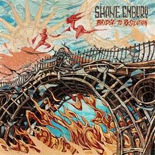 "Shane Embury Bridge to Resolution" - Zwei Figuren schweben über einer brennenden, zerstörten Brücke unter einer Sonne.