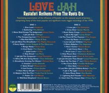 "LOVE JAH Rastafari Anthems From The Roots Era" – Liste von Songs auf zwei CDs, inklusive Künstlernamen.