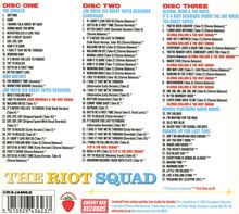 Disc One enthält Titel wie "Anytime" und "Jump". Disc Two beinhaltet Sessions wie "If I Didn't Love Her So". Disc Three zeigt "You've Been Cheatin'" und enthält unveröffentlichte Demos. Unten steht "The Riot Squad".