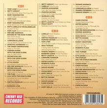 Drei CD-Listen mit Künstlern und Liedtiteln. CD1 enthält 25 Songs, CD2 hat 18 Songs und CD3 hat 19 Songs. "CHERRY RED RECORDS" Logo unten links.
