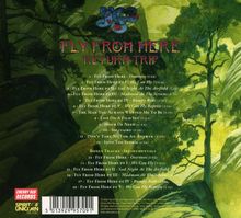 Text: "FLY FROM HERE RETURN TRIP", gefolgt von einer Trackliste mit Titeln und Zeiten. Hintergrund: Waldgemälde in Grüntönen.