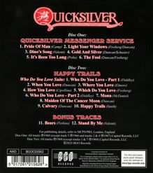 Quicksilver Messenger Service: Trackliste mit Alben "Disc One" und "Disc Two" inklusive Bonus-Tracks. BGO Records Logo.