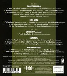 Die Rückseite eines Albums listet Titel auf. Disc One: "Back Stabbers" und "Ship Ahoy". Disc Two: "Survival" und "Family Reunion". Es gibt ein BGO Records Logo.