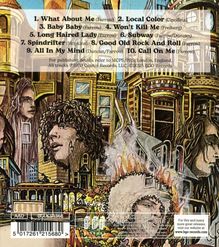 Tracks 1-10 aufgelistet; darunter Gebäude, Gesichter, Straßenbahn; farbenfrohe, abstrakte Illustration.