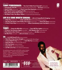 Der Text listet Lieder von Teddy Pendergrass auf, aufgeteilt in "Disc One" und "Disc Two", mit Titeln und Autoren.