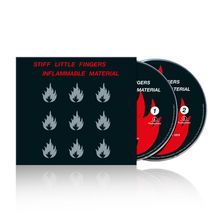 "STIFF LITTLE FINGERS INFLAMMABLE MATERIAL" in Rot; neun Flammensymbole; zwei CDs mit ähnlichem Design.