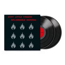 "STIFF LITTLE FINGERS INFLAMMABLE MATERIAL" in roter Schrift. Darunter neun graue Flammen-Symbole. Zwei Schallplatten.