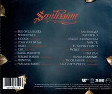 "Sanctissimo" in roter Schrift. Trackliste in Weiß und Rot. Blattmotive an den Ecken. Ein Barcode ist unten links.