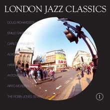 Text: "LONDON JAZZ CLASSICS." Künstlernamen aufgelistet. Rundes Foto einer belebten Straßenszene in London.