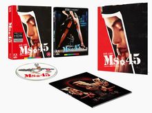 "Ms. 45" ist auf Box, Disc und Buch zu sehen. Ein Gesicht auf rotem Hintergrund und eine Frau mit Waffe auf dem Cover.