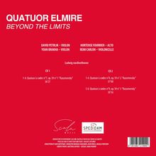 Covertext in großen Buchstaben: "QUATUOR ELMIRE BEYOND THE LIMITS". Stücktitel von Beethoven. Zwei CD-Sets auf rotem Hintergrund.