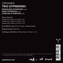 Origenes: Trio Sypniewski mit Werken von Purcell, Sibelius, Saariaho und Beethoven. Schwarzer Hintergrund, helle Schrift.