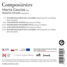 "Compositrices", Marta Gawlas (Flöte), Natalia Olczak (Cembalo); Werke von Élisabeth Jacquet de La Guerre, Anna Bon, Wilhelmine von Bayreuth. Oben links. Logos unten.