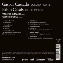 Gaspar Cassadó, Pablo Casals, Valérie Aimard (Cello), Cédric Lorel (Piano). 15 Musikstücke aufgelistet. Logos unten.