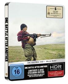 4K ULTRA HD, ONE BATTLE AFTER ANOTHER. Frau mit Pistole und Messer in Aktion vor Bergkulisse.