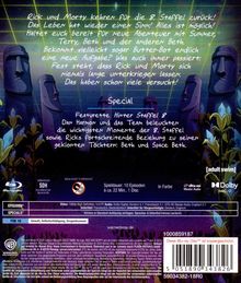 Texte: "Rick und Morty kehren für die 8. Staffel zurück!" "Special Featurette Hinter Staffel 8." Hintergrund mit Moai-Statuen.