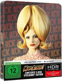 "ACK ACK ACK" roter Text, Frau mit großem blonden Haar, "Mars Attacks! 4K ULTRA HD" Aufschrift, grüne "FSK ab 12".