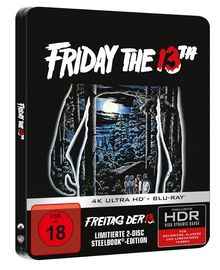 "FRIDAY THE 13TH", "4K ULTRA HD + BLU-RAY", "Freitag der 13.", "FSK ab 18". Illustration: Wald bei Nacht.