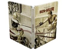 "BEN-HUR" steht prominent auf einem Steelbook. Darauf: Eine berühmte Wagenrenn-Szene in antiker Kulisse.