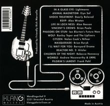 Ein Kasten mit Songtiteln und Künstlernamen. Links ein stilisiertes Gitarrenbild. Unten „KLANGGALERIE“ Logo.