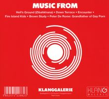 Text: "MUSIC FROM" gefolgt von sechs Filmtiteln. Rotes Hintergrunddesign mit weißen, konzentrischen Kreisen. Unten: "KLANGGALERIE".