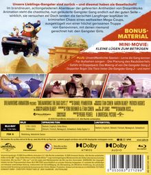 "Unsere Lieblings-Gangster sind zurück – und diesmal haben sie Gesellschaft!" und "BONUS-MATERIAL MINI-MOVIE: KLEINE LÜGEN ZUM BETRÜGEN". Illustration von Tieren in Aktion und beim Posieren.