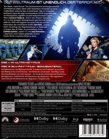 "Der Weltraum ist unendlich. Der Terror auch. Event Horizon. Captain Miller. Mission Impossible. Laurence Fishburne. Sam Neill." 

Auffällige Farbkontraste, dunkle Sci-Fi-Szenen und Schauspielerabbildungen sind zu sehen. Discs mit Film-Details.