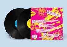 "Melodies International Presents ARIWA Sounds." Ort von Texten, pinkes und gelbes Farbschema, zwei schwarze Vinyl-Schallplatten.