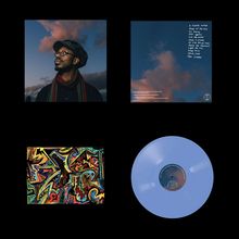 Texte: „A future untold...“ und Songtitel. Oben links: Person mit Hut, Hintergrund Wolken. Unten links: Bunte, abstrakte Kunst. Rechts: Blaue Vinyl-Schallplatte.