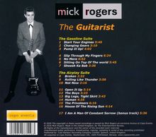 "mick rogers, The Guitarist, The Gasoline Suite, The Airplay Suite." Schwarz-weißer Mann mit Gitarre, links platziert.
